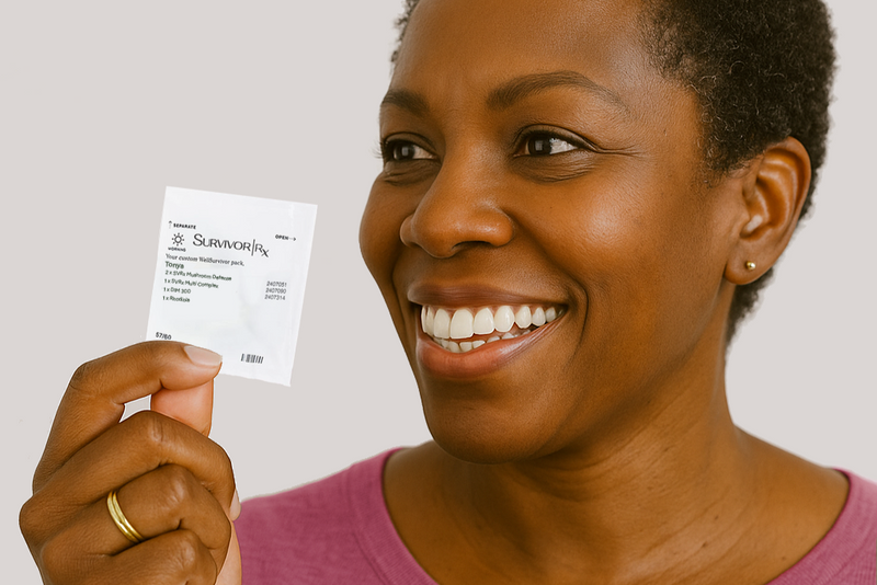 Woman holding SurvivorRx Packet