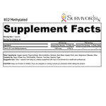 Supplement facts label for B12 Methylated supplement by Survivor Rx on a white background.