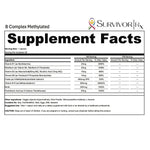Supplement facts label for B Complex Methylated by Survivor Rx on a white background