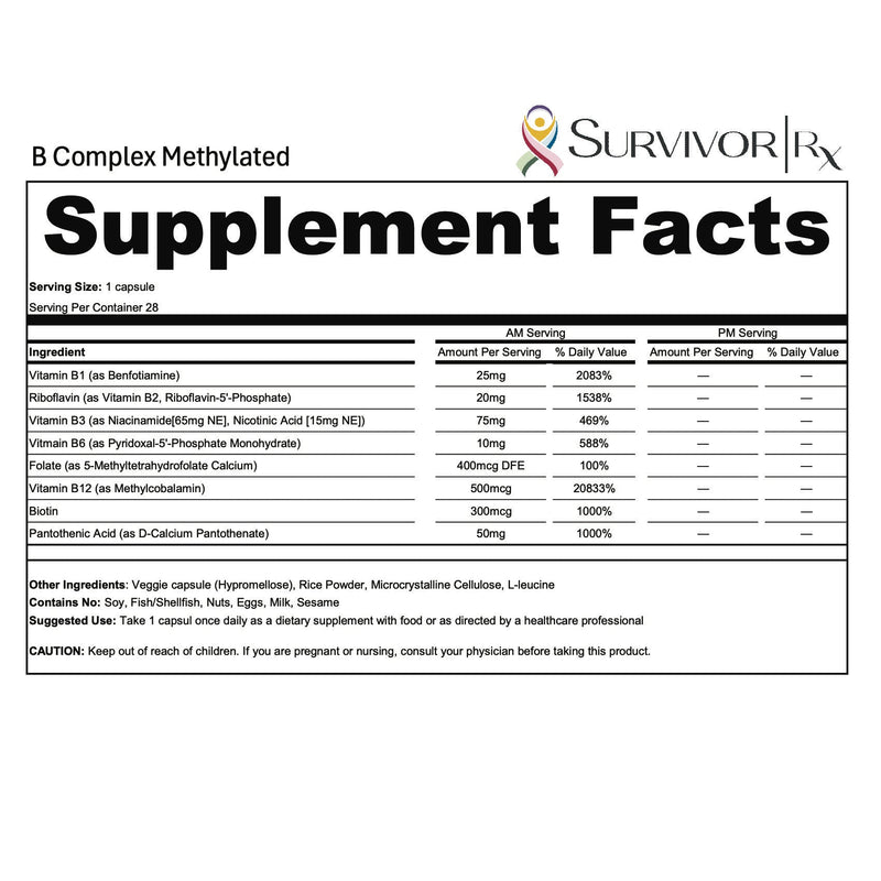 Supplement facts label for B Complex Methylated by Survivor Rx on a white background