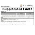Supplement facts label for Balance Complex II by SurvivorRx on a white background