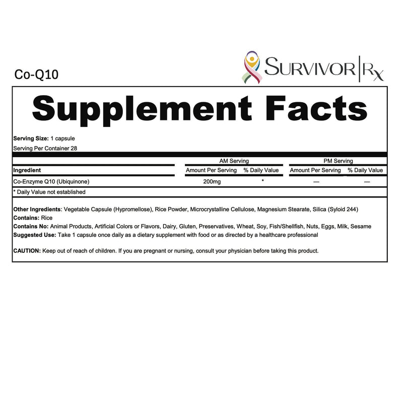 Supplement facts label for Co-Q10 with Survivor Rx branding on a white background