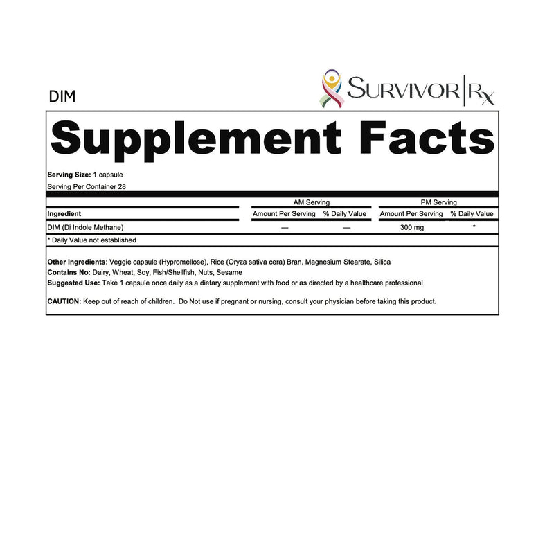 Supplement facts label for DIM by SurvivorRx on a white background