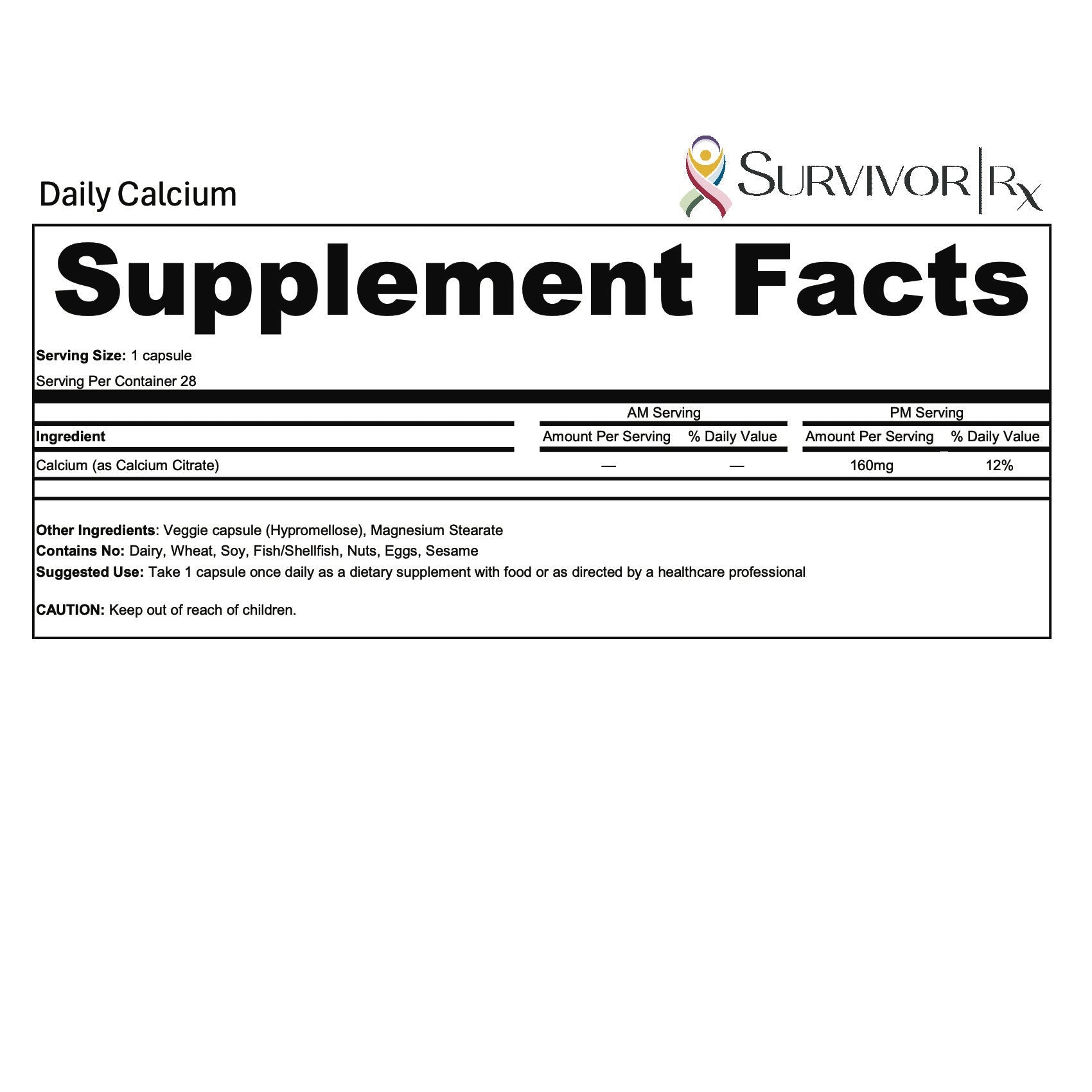 Supplement facts label for Daily Calcium by Survivor Rx on a white background