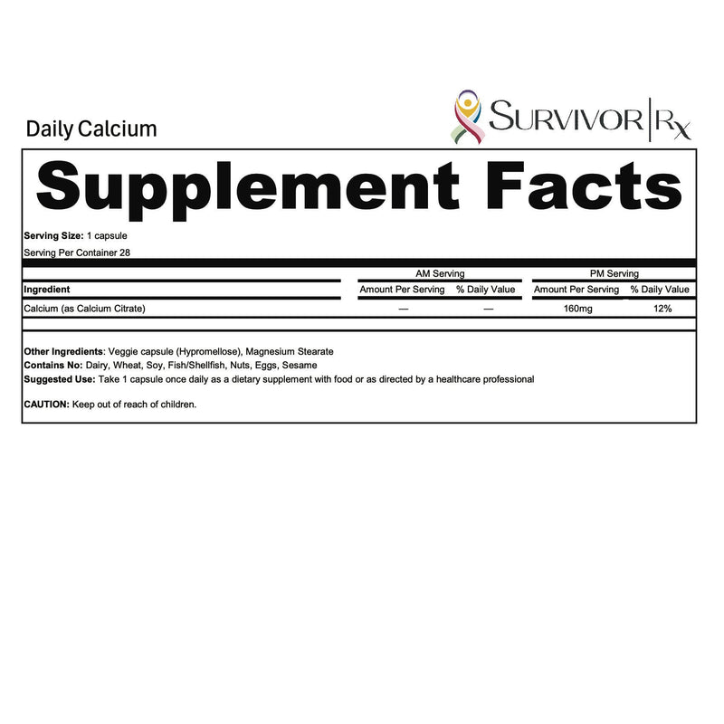 Supplement facts label for Daily Calcium by Survivor Rx on a white background
