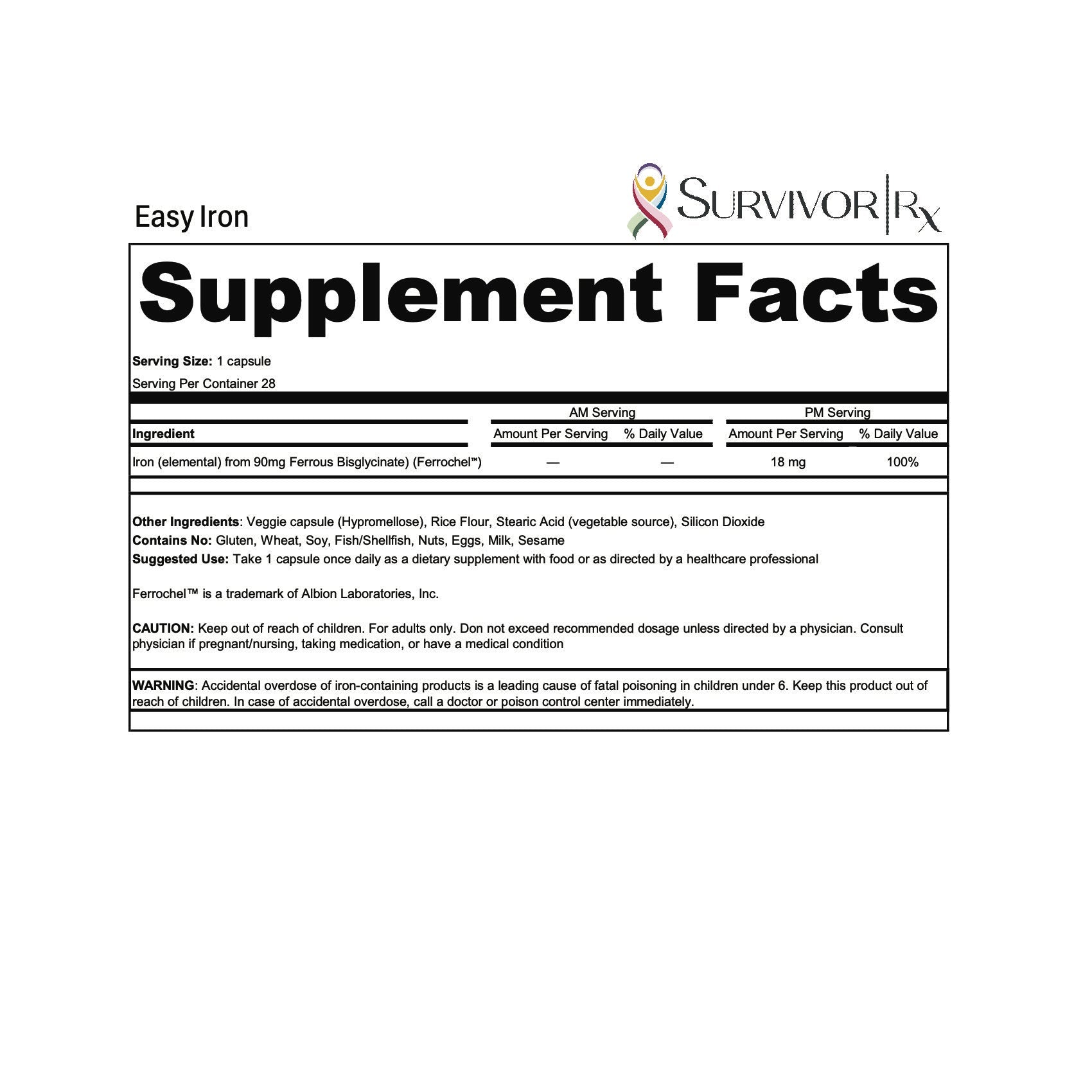 Supplement facts label for 'Easy Iron' by Survivor Rx on a white background