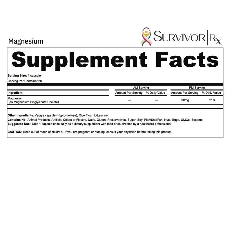 Supplement facts label for Magnesium with SurvivorRx branding on a white background