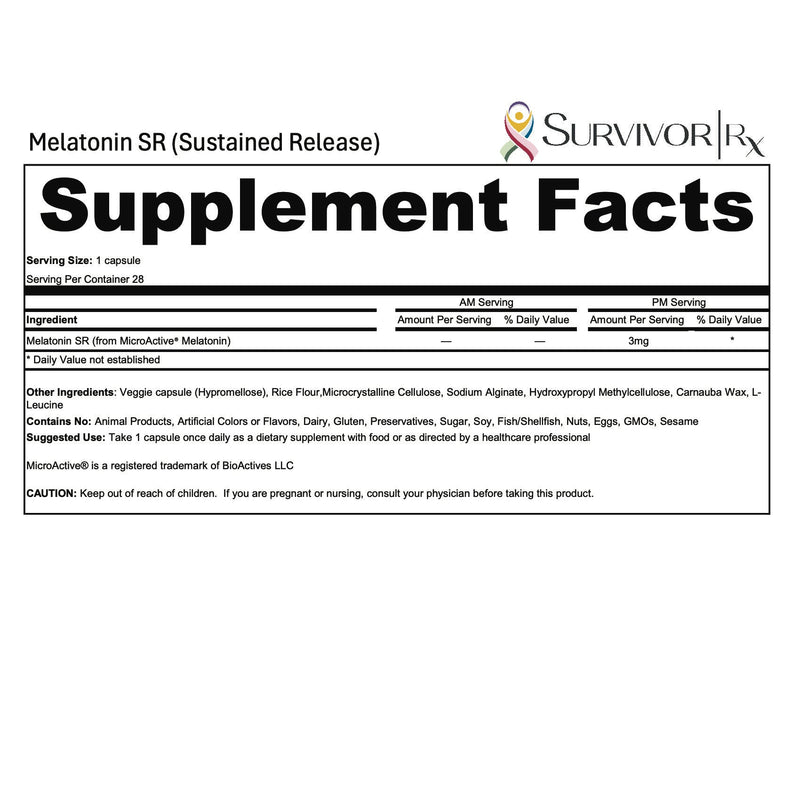 Supplement facts label for Melatonin SR Sustained Release by SurvivorRx on a white background.