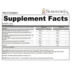 Supplement facts label for Men's Complex I by SurvivorRx on a white background