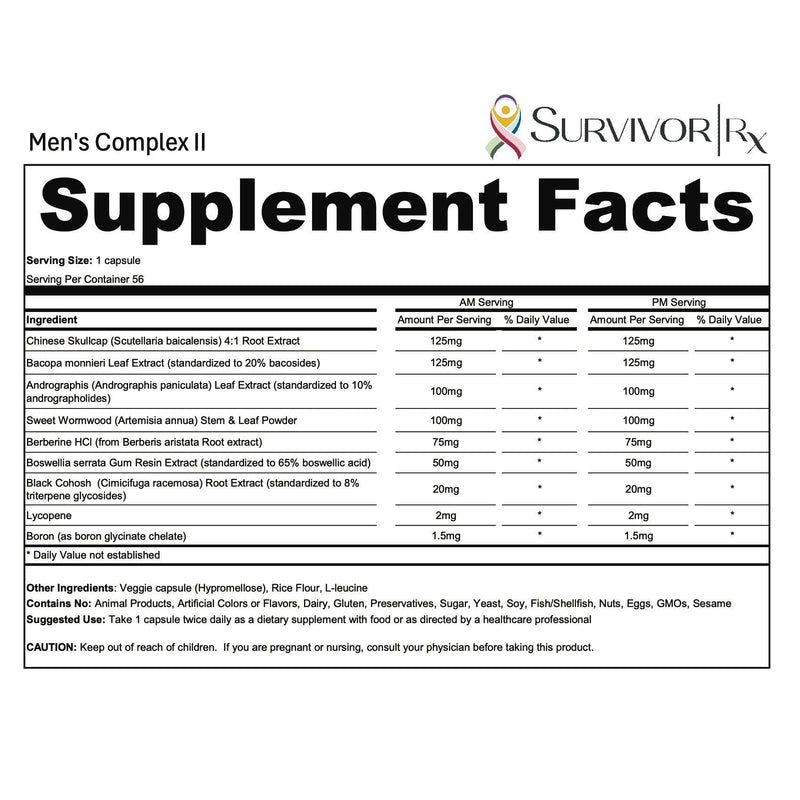 Supplement facts label for 'Men's Complex II' by Survivor Rx on a white background