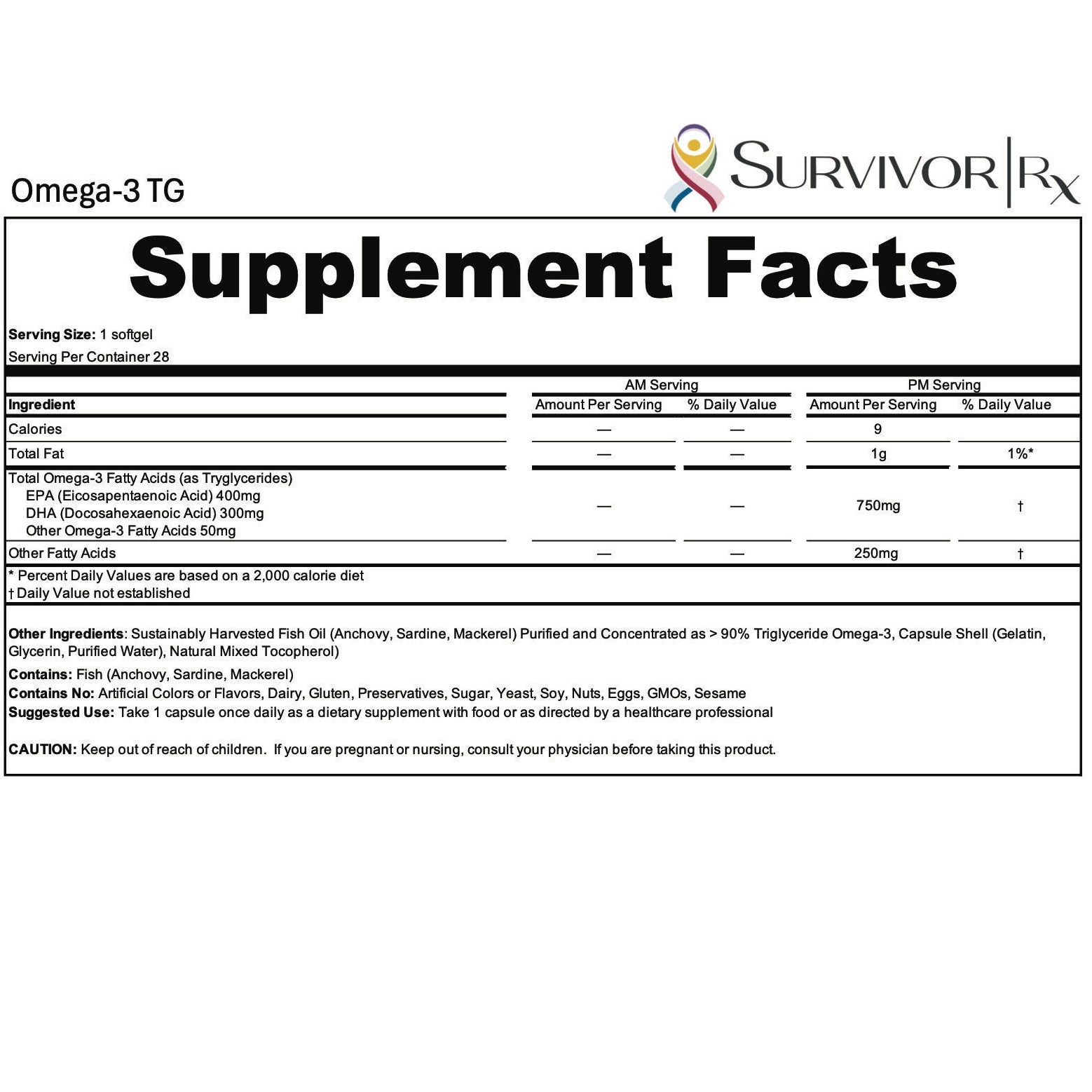 Supplement facts label for Omega-3 TG by SurvivorRx on a white background