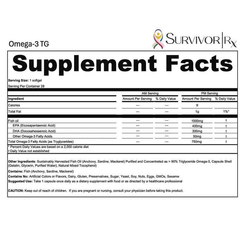 Supplement facts label for Omega-3 TG by SurvivorRx on a white background
