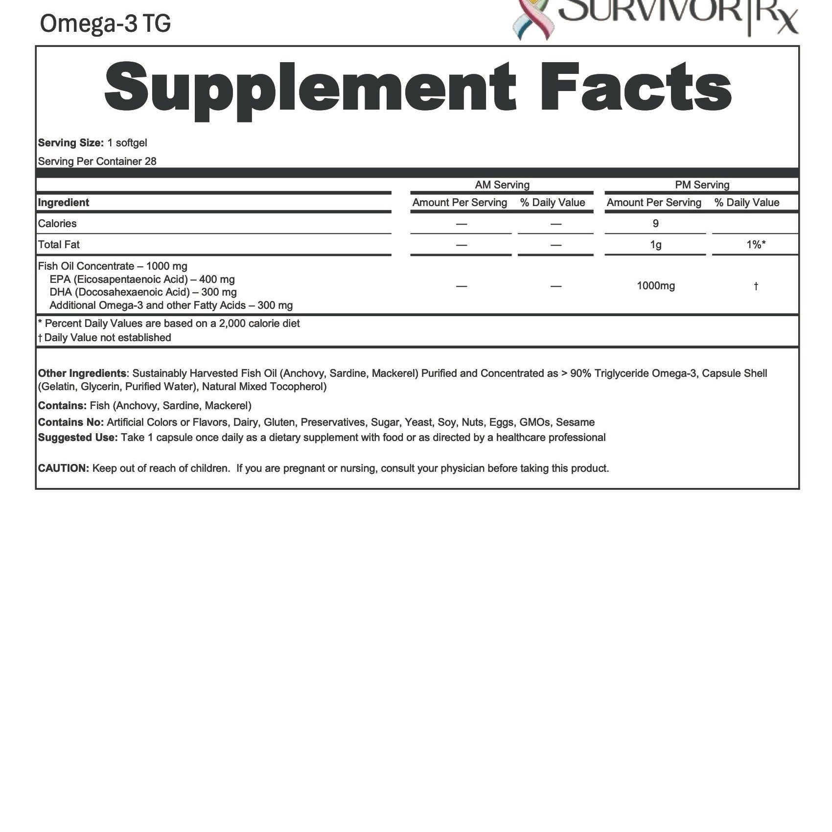 Supplement facts label for Omega-3 TG by SurvivorRx on a white background