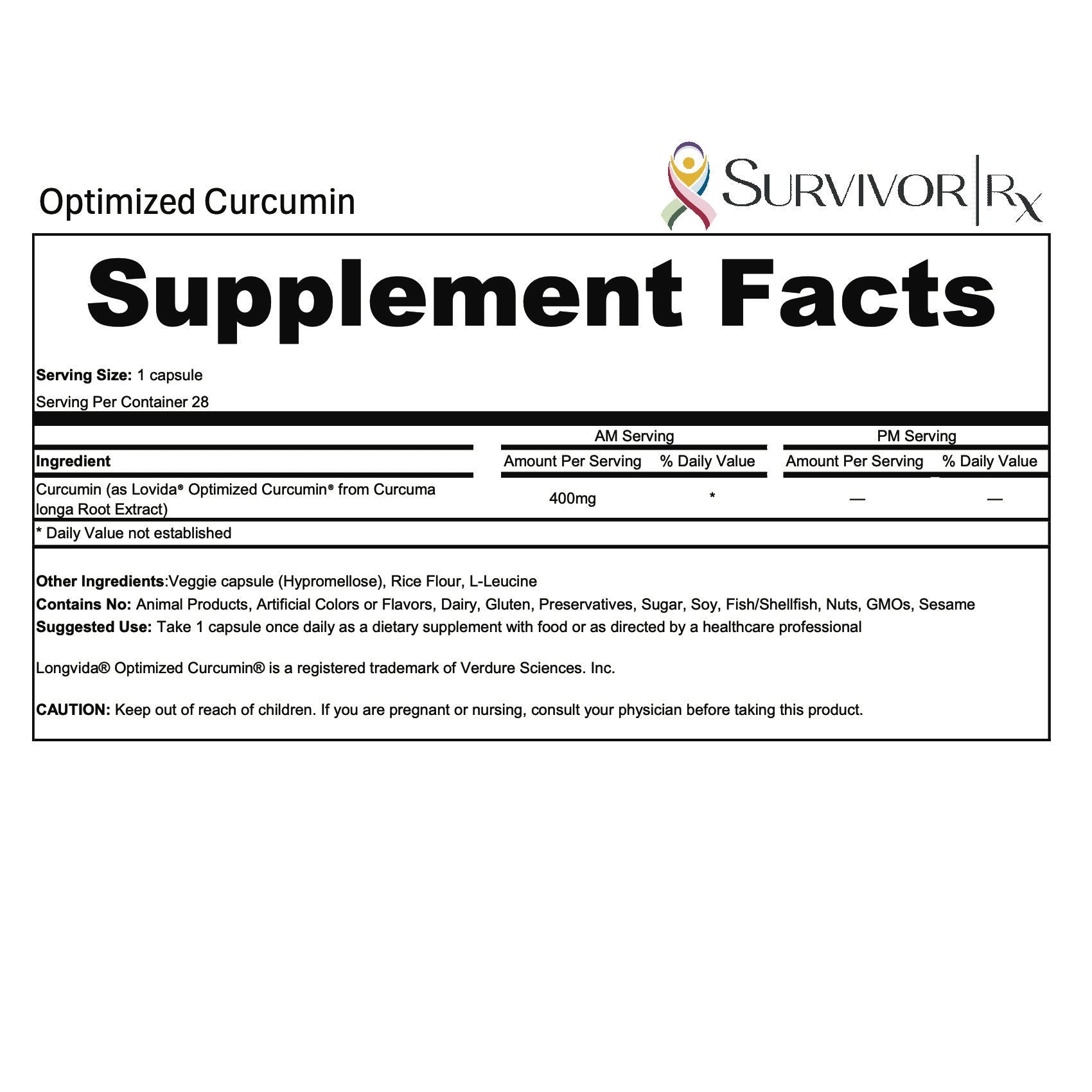 Supplement facts label for Optimized Curcumin by SurvivorRx on a white background