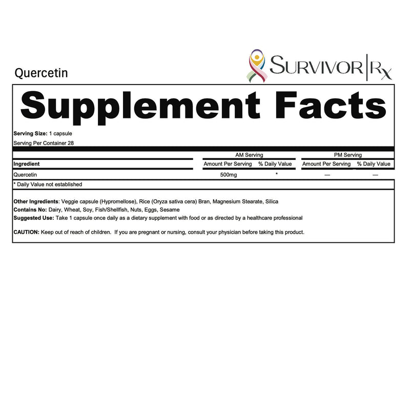 Supplement facts label for Quercetin by SurvivorRx on a white background