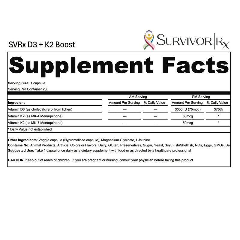 Supplement facts label for SVRx D3 + K2 Boost by Survivor Rx on a white background.