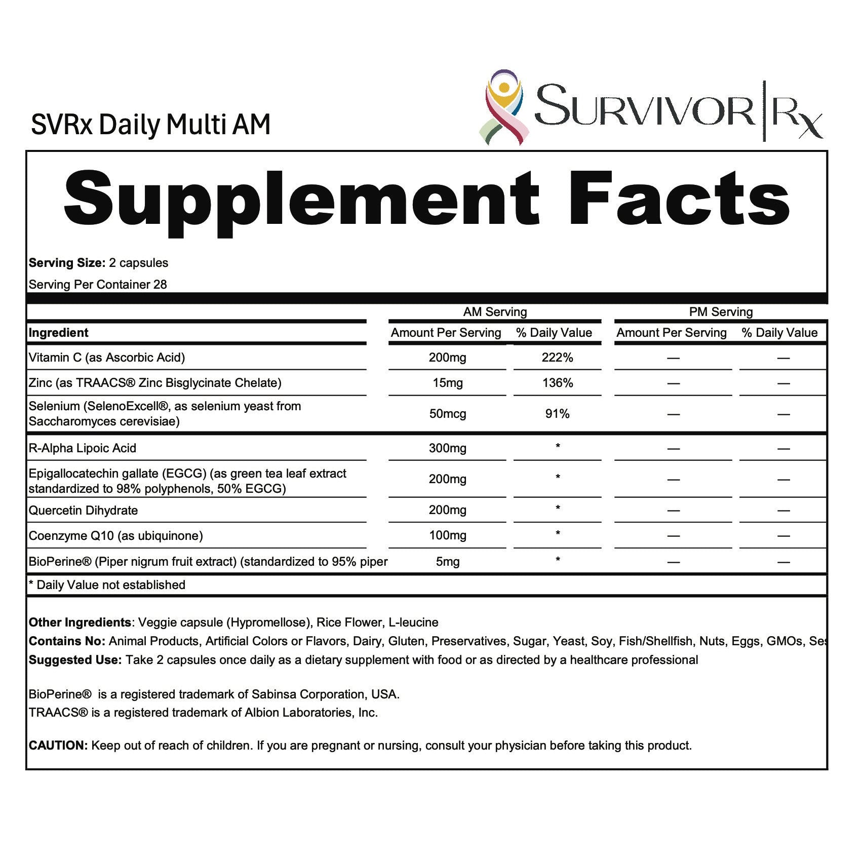 Supplement facts label for SVRx Daily Multi AM with brand logo at the top.