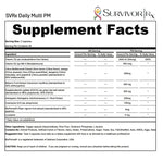 Supplement facts label for SVRx Daily Multi PM with brand logo.
