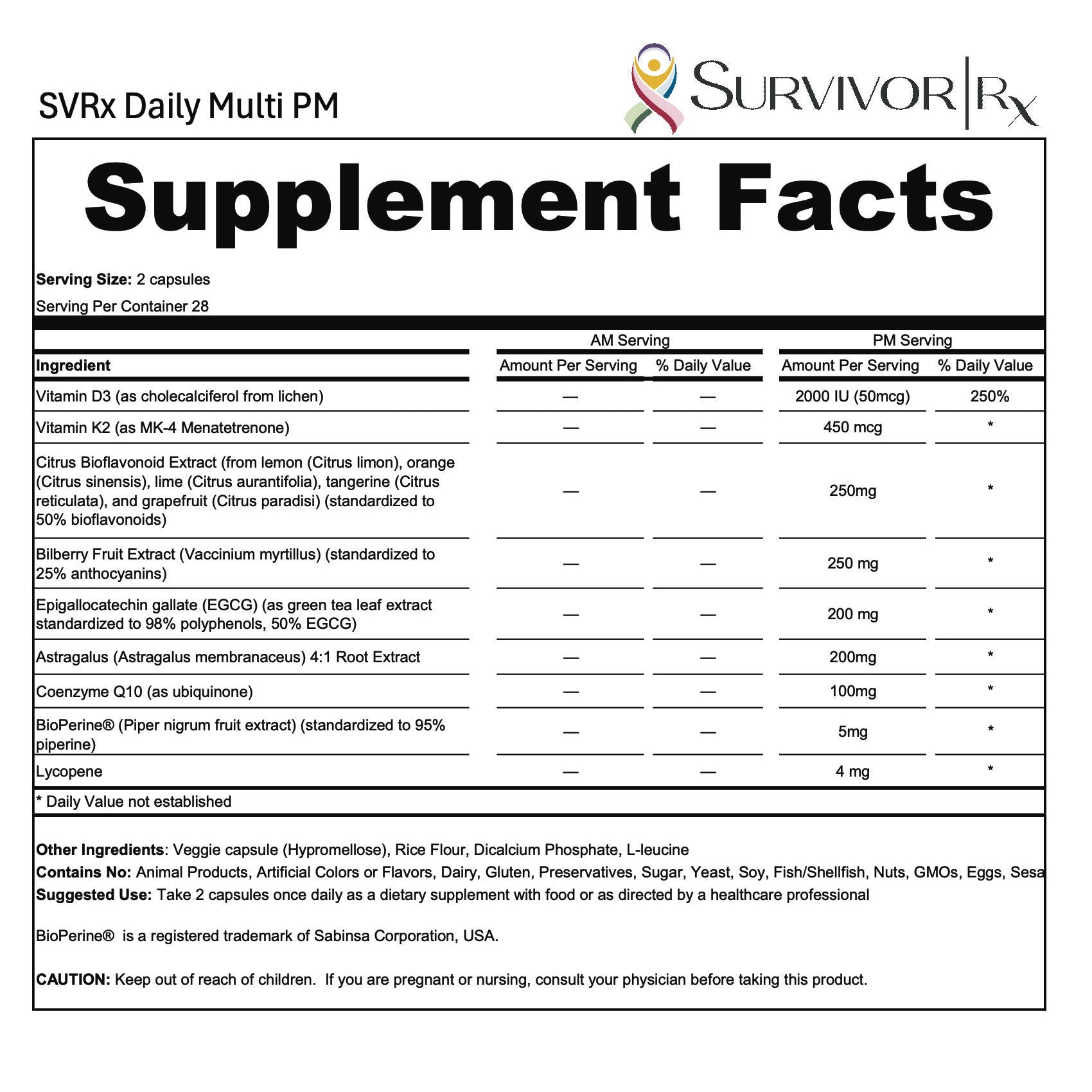 Supplement facts label for SVRx Daily Multi PM with brand logo.