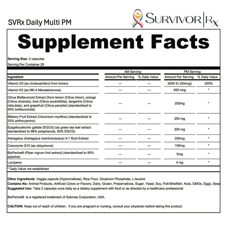Supplement facts label for SVRx Daily Multi PM with brand logo.