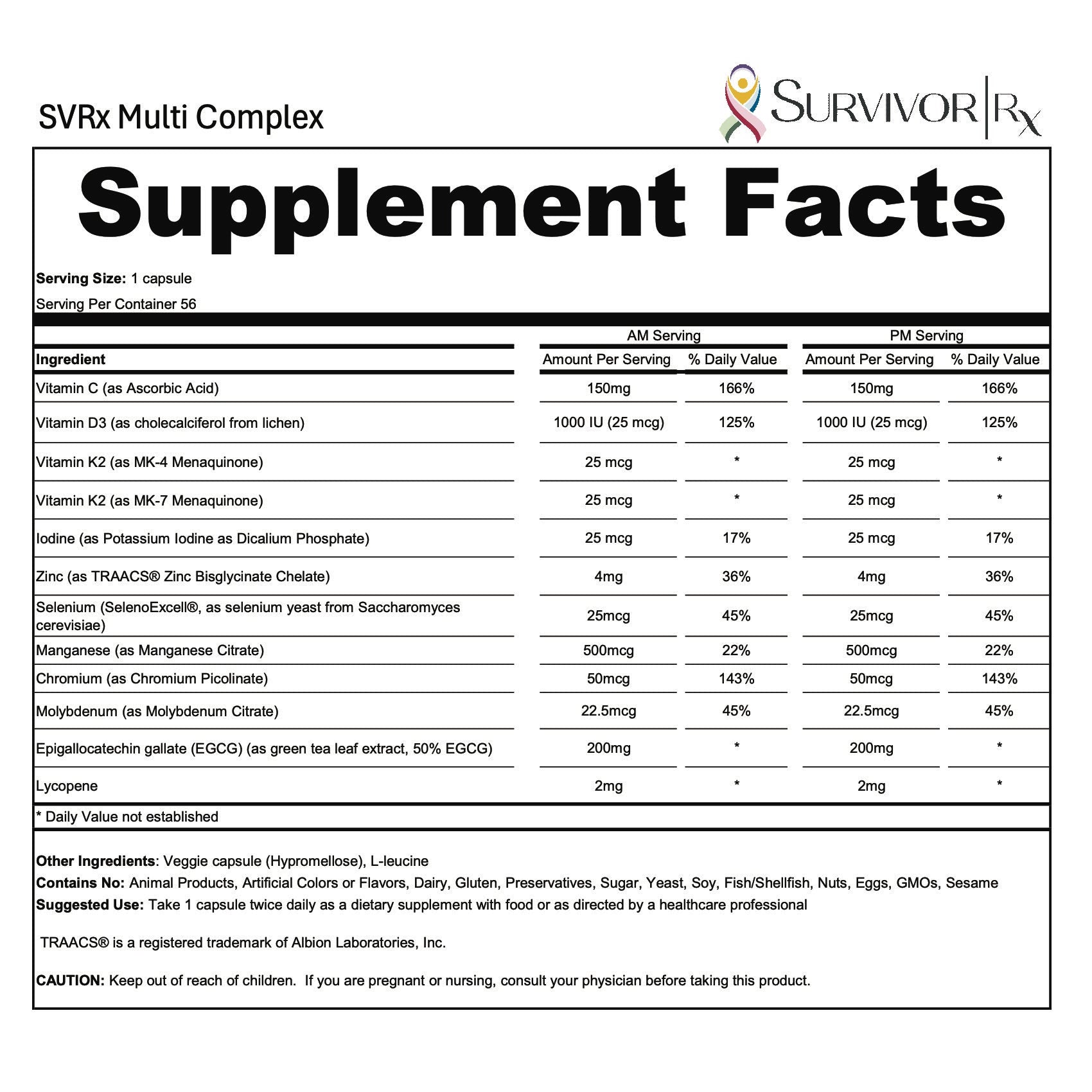 Supplement facts label for SVRx Multi Complex by SurvivorRx
