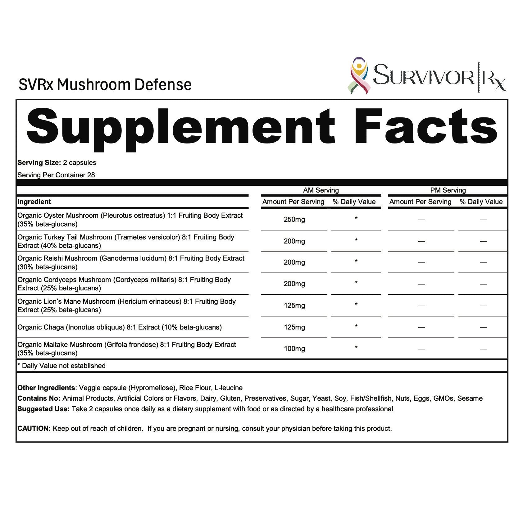 Supplement facts label for SVRx Mushroom Defense by Survivor Rx on a white background
