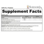 Supplement facts label for SVRx Pre + Probiotic by SurvivorRx on a white background