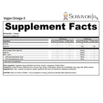 Supplement facts label for Vegan Omega-3 by Survivor Rx on a white background