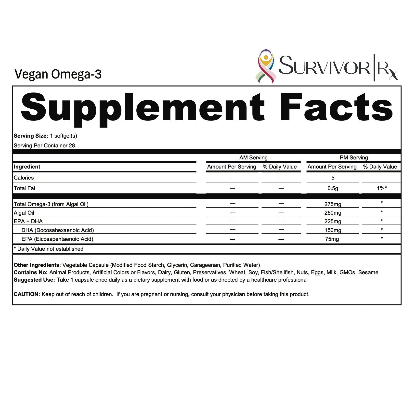 Supplement facts label for Vegan Omega-3 by Survivor Rx on a white background