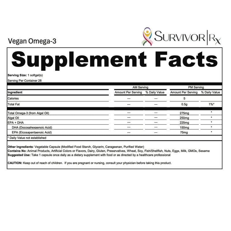 Supplement facts label for Vegan Omega-3 by Survivor Rx on a white background