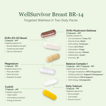 Packet packaging with supplement capsules labeled 'WellSurvivor Breast BR-14' on a light green background.